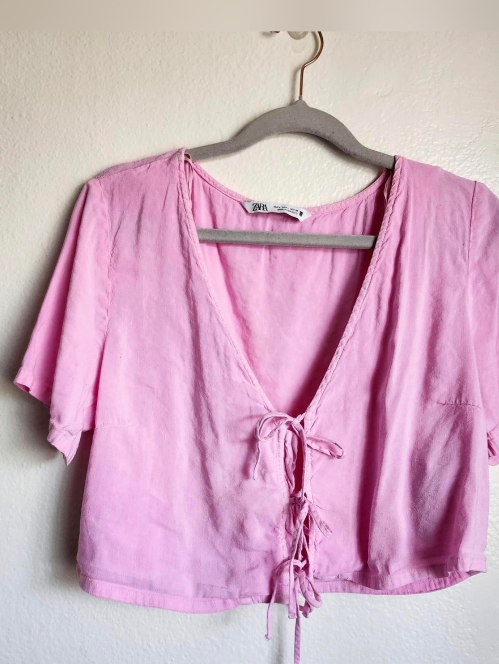 ZARA Pink Linen Tie Front Crop Top Coquette Soft Girl Cottagecore Size L